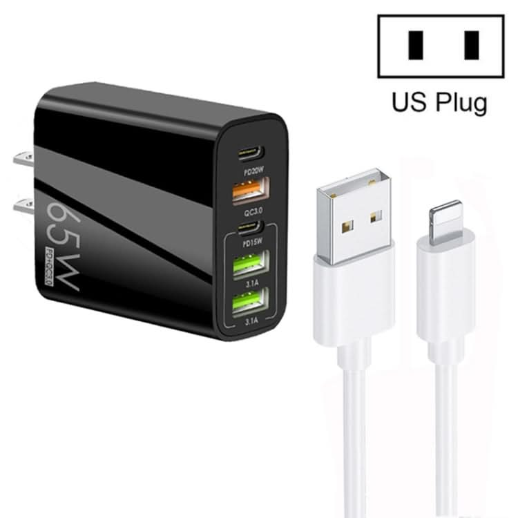 65W Dual PD Type-C + 3 x USB Multi Port Charger with 3A USB to 8 Pin Data Cable, US Plug