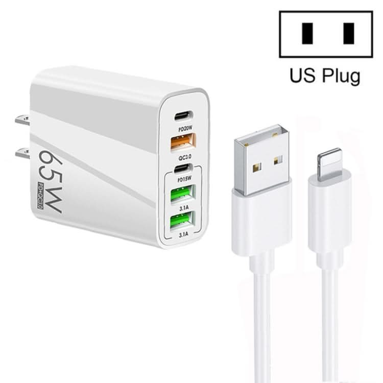 65W Dual PD Type-C + 3 x USB Multi Port Charger with 3A USB to 8 Pin Data Cable, US Plug