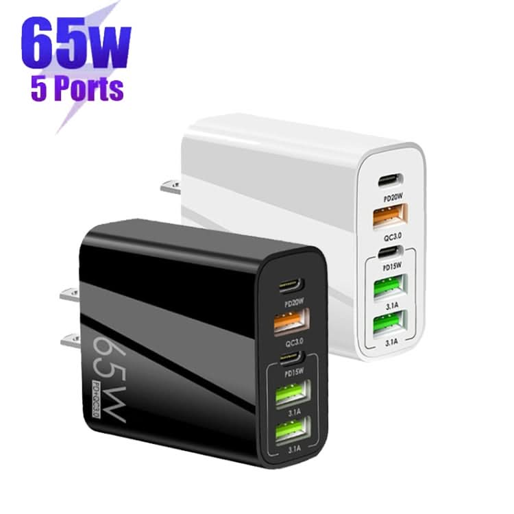 65W Dual PD Type-C + 3 x USB Multi Port Charger with 3A USB to 8 Pin Data Cable, US Plug