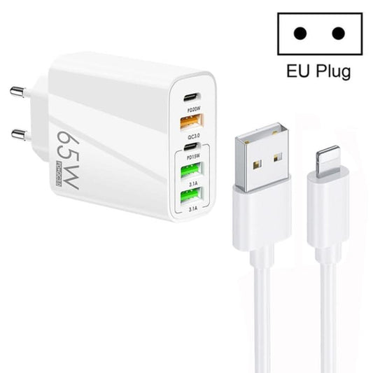 65W Dual PD Type-C + 3 x USB Multi Port Charger with 3A USB to 8 Pin Data Cable, EU Plug