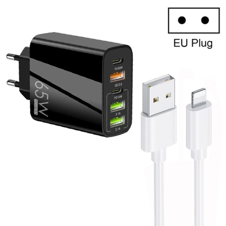 65W Dual PD Type-C + 3 x USB Multi Port Charger with 3A USB to 8 Pin Data Cable, EU Plug