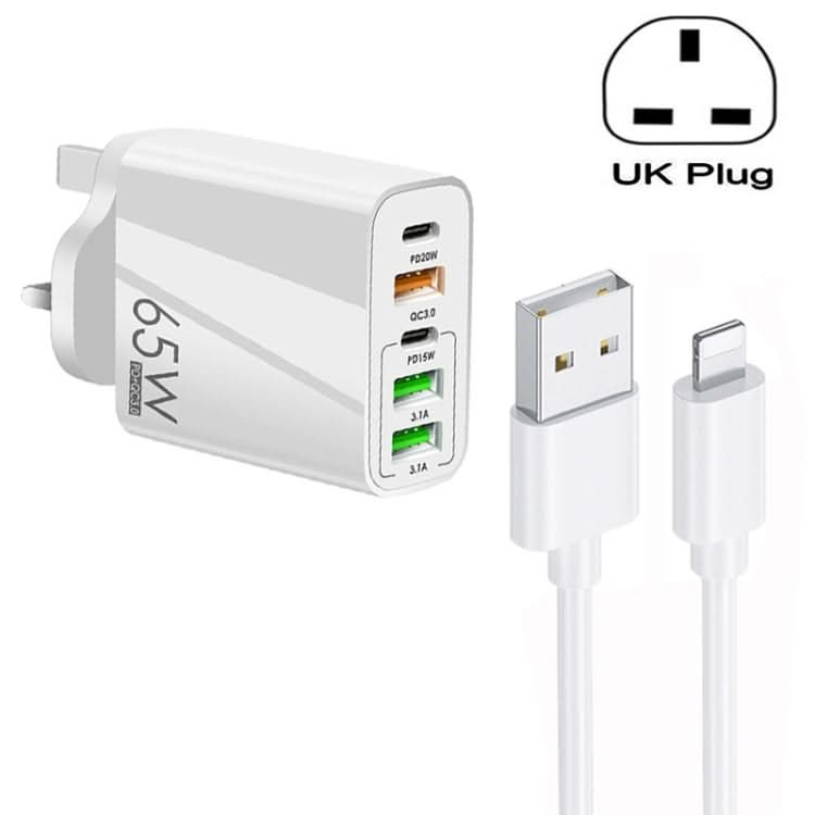 65W Dual PD Type-C + 3 x USB Multi Port Charger with 3A USB to 8 Pin Data Cable, UK Plug