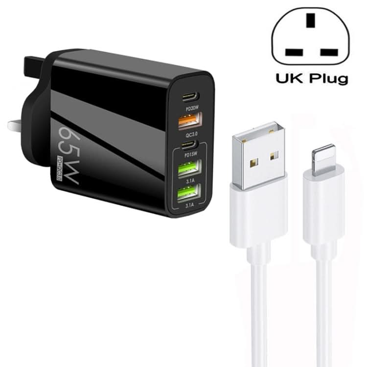 65W Dual PD Type-C + 3 x USB Multi Port Charger with 3A USB to 8 Pin Data Cable, UK Plug