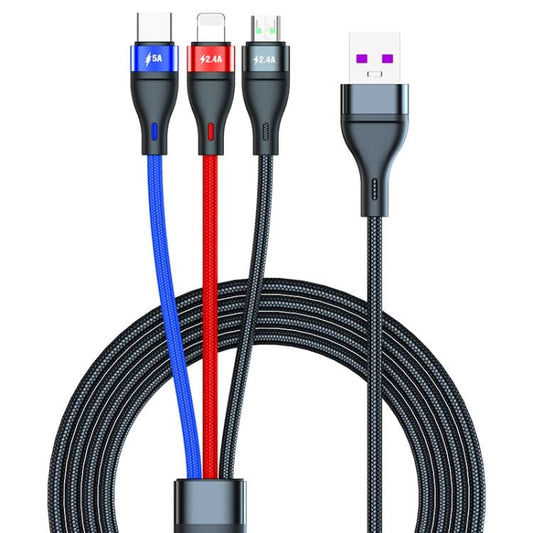 40W 5A USB to Micro USB + USB-C / Type-C + 8 Pin Fast Charging Cable, Cable Length: 2m