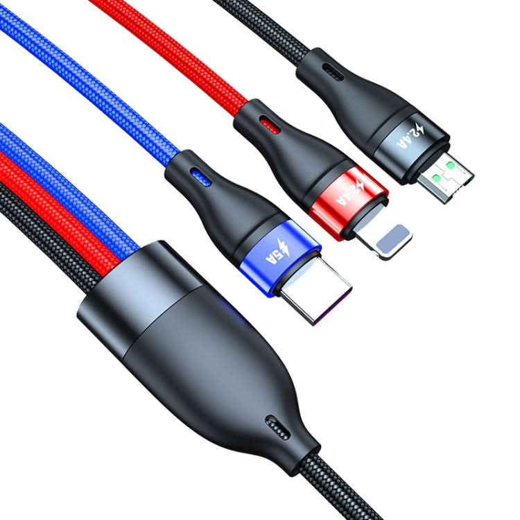 40W 5A USB to Micro USB + USB-C / Type-C + 8 Pin Fast Charging Cable, Cable Length: 2m