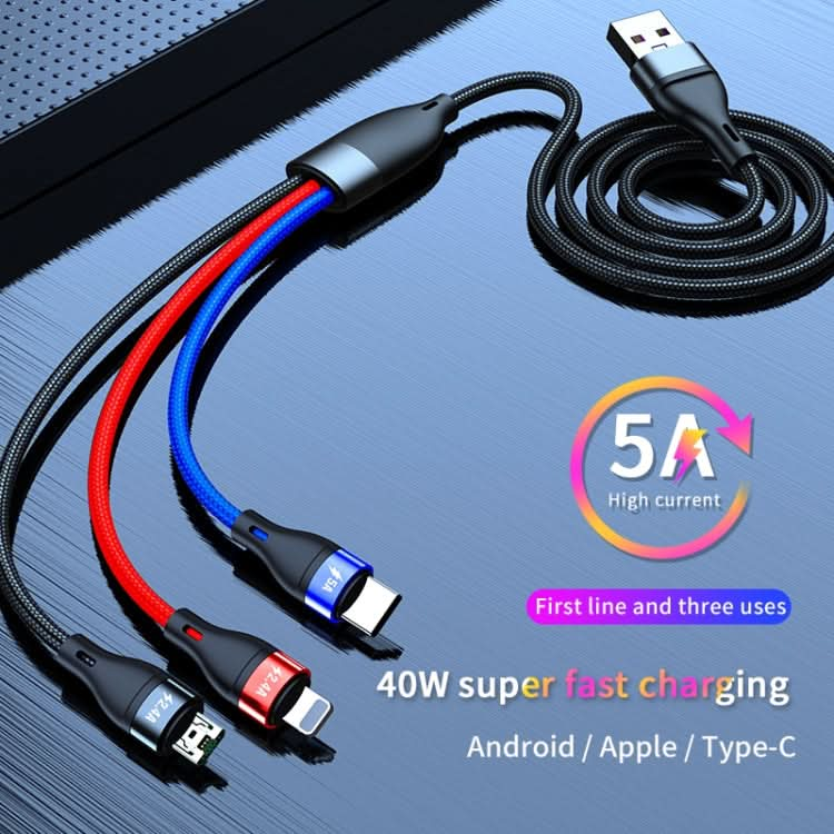 40W 5A USB to Micro USB + USB-C / Type-C + 8 Pin Fast Charging Cable, Cable Length: 2m