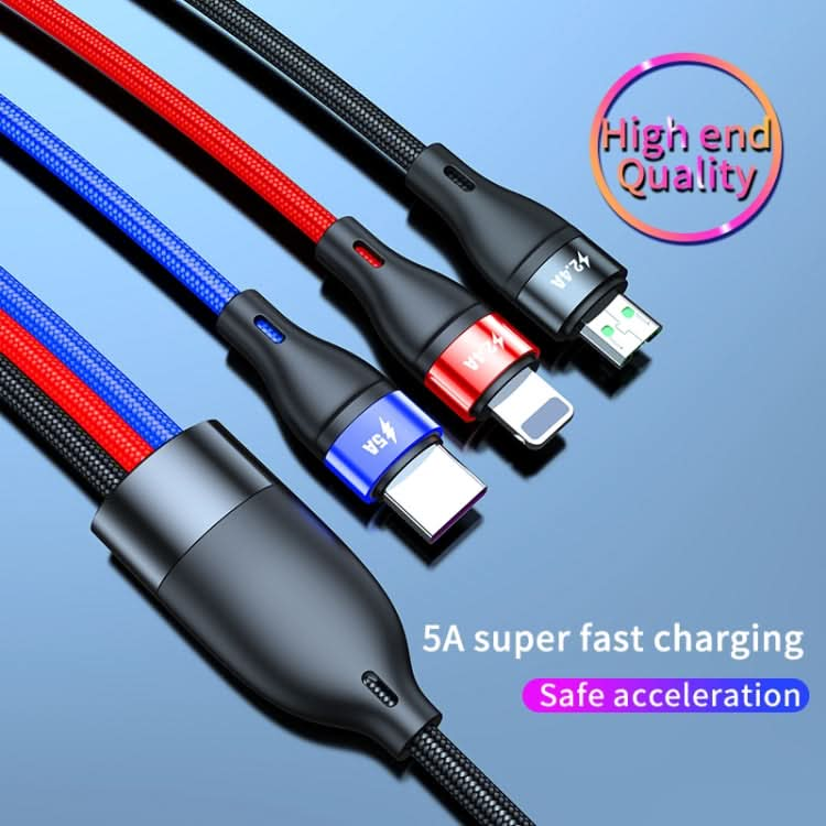 40W 5A USB to Micro USB + USB-C / Type-C + 8 Pin Fast Charging Cable, Cable Length: 2m