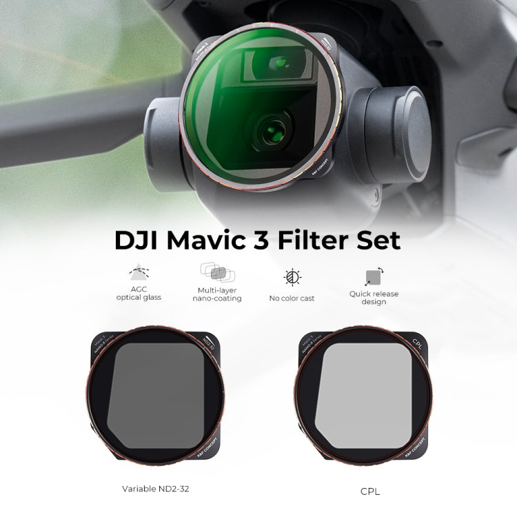 For DJI Mavic 3 / Mavic 3 Cine K&F Concept SKU.1889 2 in 1 Variable ND2-ND32 and CPL Filter Kit