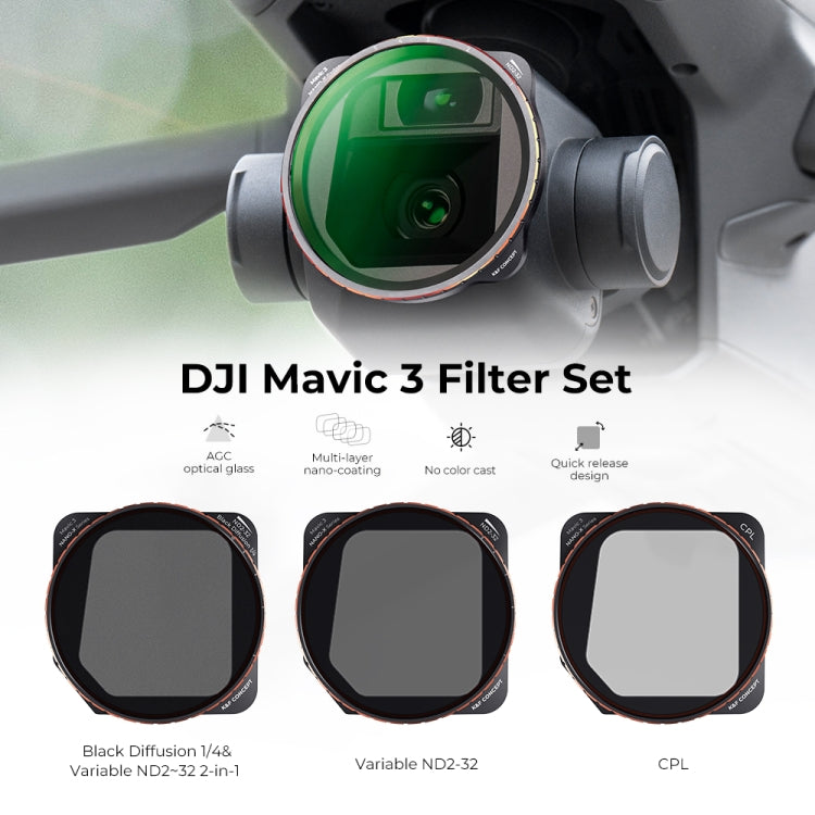 For DJI Mavic 3 / Mavic 3 Cine K&F Concept SKU.1890 3 in 1 CPL and Variable ND2-32 and Black Mist 1/4 Filter Kits