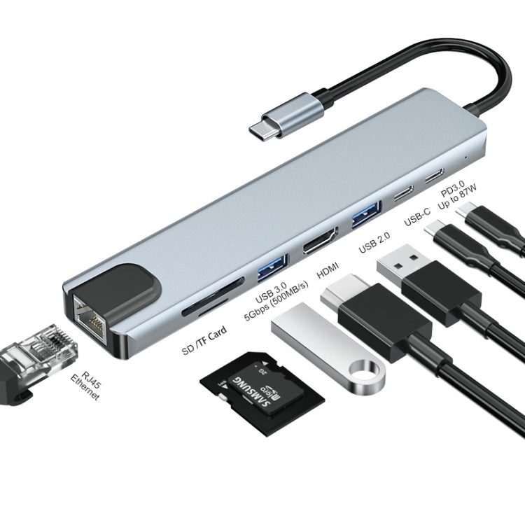 JUNSUNMAY 8 in 1 Type-C to 4K HDMI / Ethernet Docking Station Adapter PD Quick Charge Hub SD/TF Card Reader