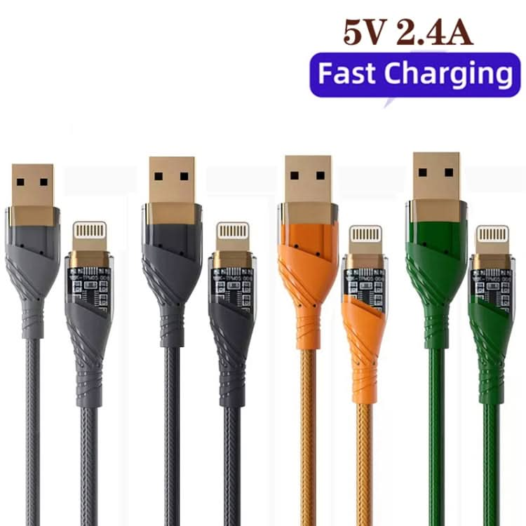 2pcs 2.4A USB to 8 Pin Transparent Fast Charging Data Cable, Length: 1m