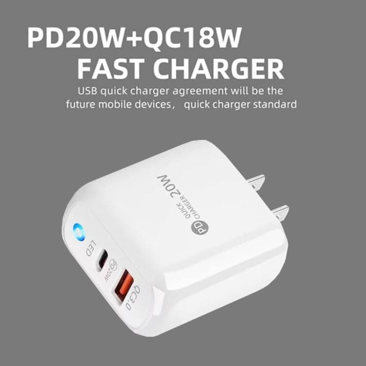 PD04 PD20W + QC18W Mobile Phone Charger with LED Indicator, US Plug