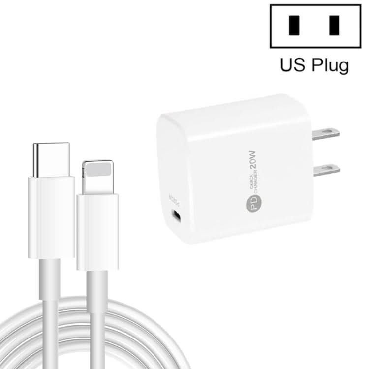 PD11 Single PD3.0 USB-C / Type-C 20W Fast Charger with 1m Type-C to 8 Pin Data Cable, US Plug