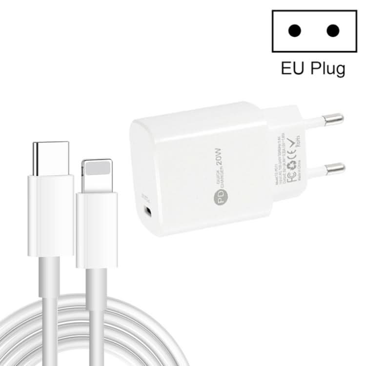 PD11 Single PD3.0 USB-C / Type-C 20W Fast Charger with 1m Type-C to 8 Pin Data Cable, EU Plug