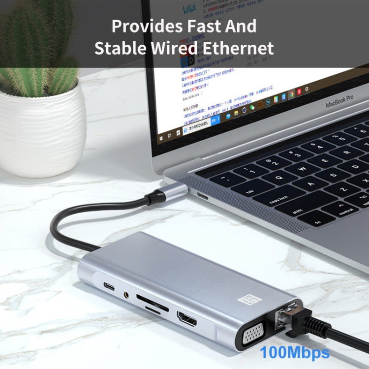 JUNSUNMAY 11 in 1 Type-C to 4K HDMI + VGA +RJ45 Docking Station Adapter PD Quick Charge Hub