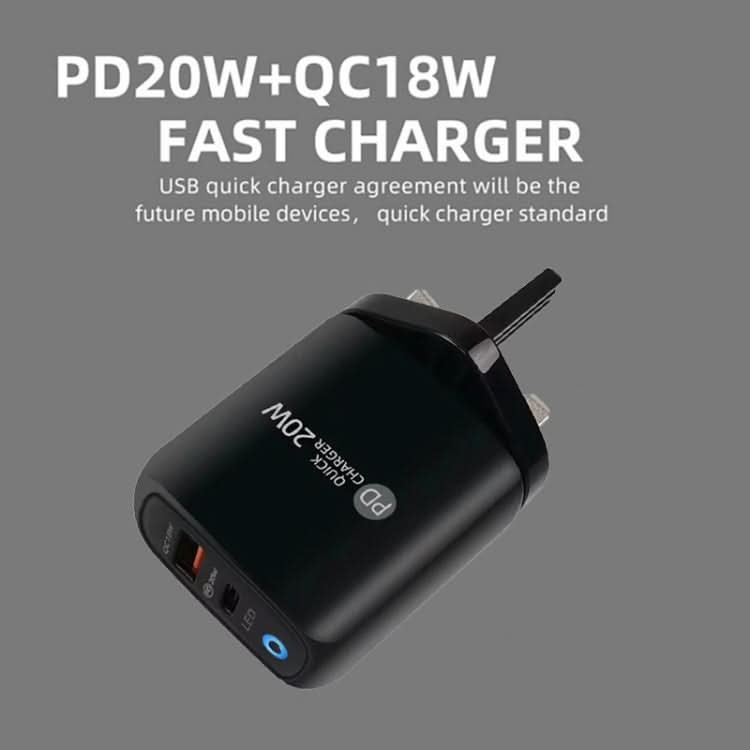 PD04 PD20W + QC18W Mobile Phone Charger with LED Indicator, UK Plug