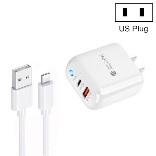 PD04 Type-C + USB Mobile Phone Charger with USB to 8 Pin Cable, US Plug