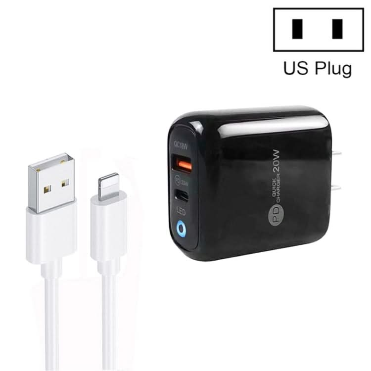 PD04 Type-C + USB Mobile Phone Charger with USB to 8 Pin Cable, US Plug