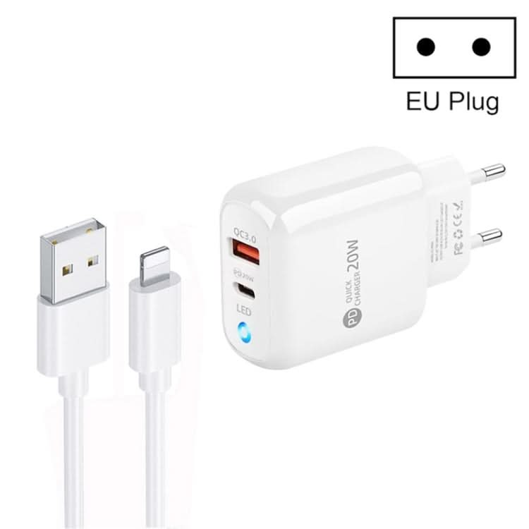 PD04 Type-C + USB Mobile Phone Charger with USB to 8 Pin Cable, EU Plug