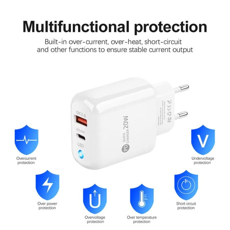 PD04 Type-C + USB Mobile Phone Charger with USB to 8 Pin Cable, EU Plug