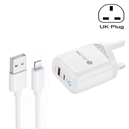 PD04 Type-C + USB Mobile Phone Charger with USB to 8 Pin Cable, UK Plug