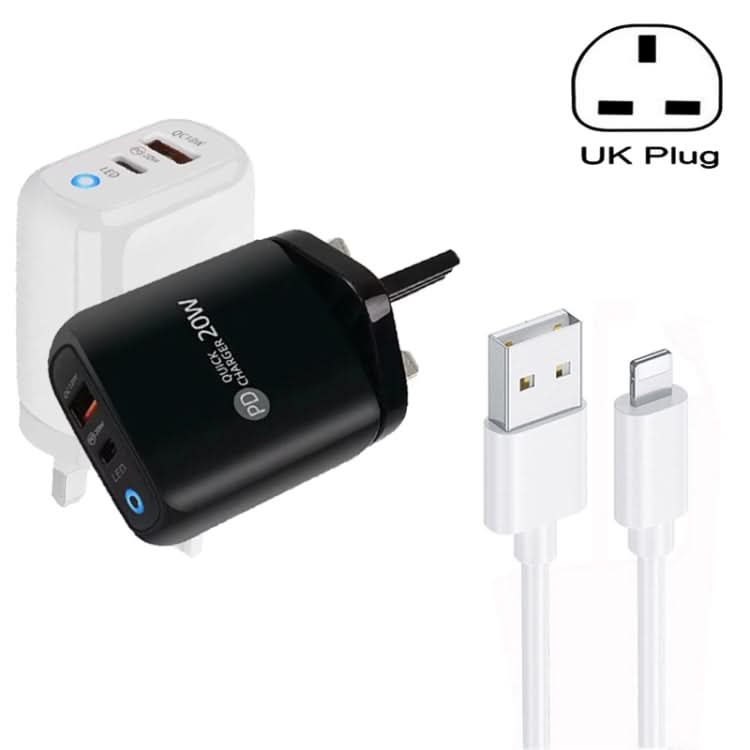 PD04 Type-C + USB Mobile Phone Charger with USB to 8 Pin Cable, UK Plug