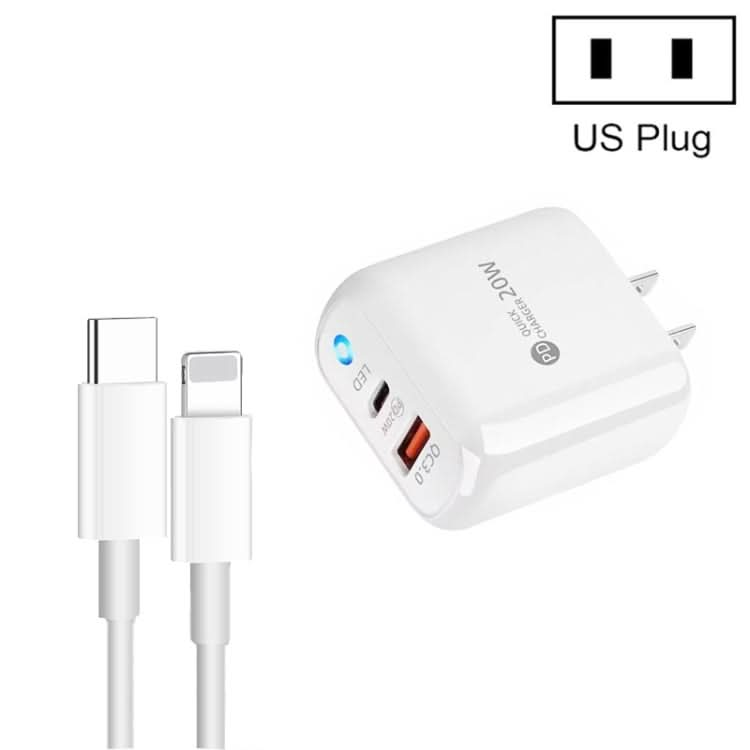 PD04 Type-C + USB Mobile Phone Charger with Type-C to 8 Pin Cable, US Plug