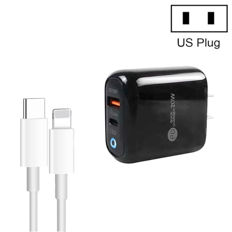 PD04 Type-C + USB Mobile Phone Charger with Type-C to 8 Pin Cable, US Plug