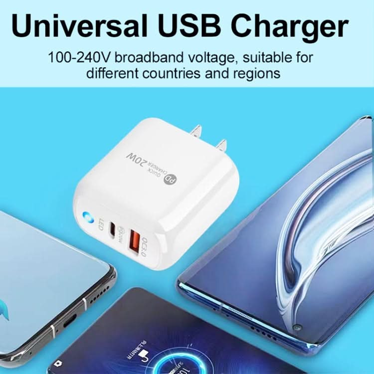 PD04 Type-C + USB Mobile Phone Charger with Type-C to 8 Pin Cable, US Plug