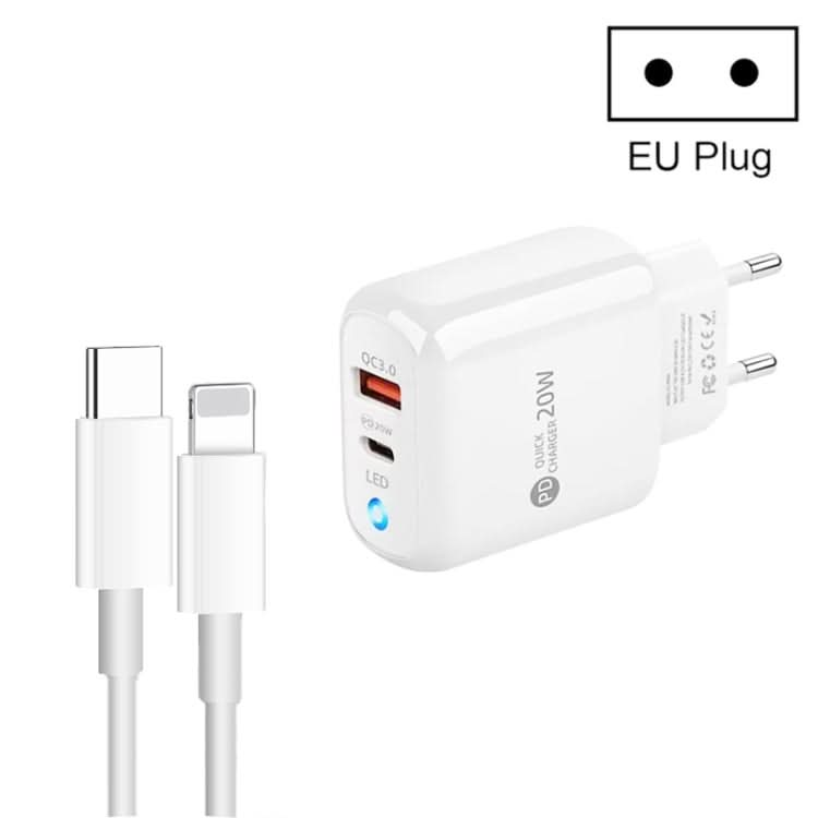 PD04 Type-C + USB Mobile Phone Charger with Type-C to 8 Pin Cable, EU Plug