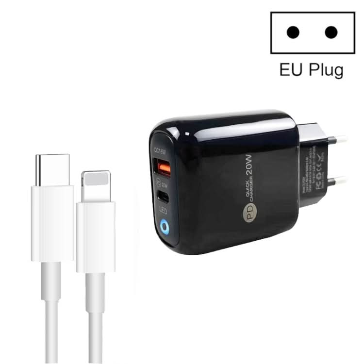 PD04 Type-C + USB Mobile Phone Charger with Type-C to 8 Pin Cable, EU Plug