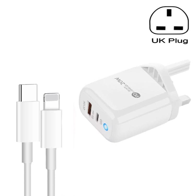 PD04 Type-C + USB Mobile Phone Charger with Type-C to 8 Pin Cable, UK Plug