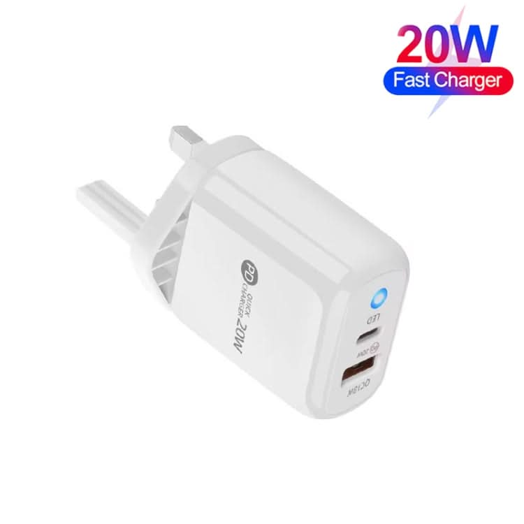 PD04 Type-C + USB Mobile Phone Charger with Type-C to 8 Pin Cable, UK Plug