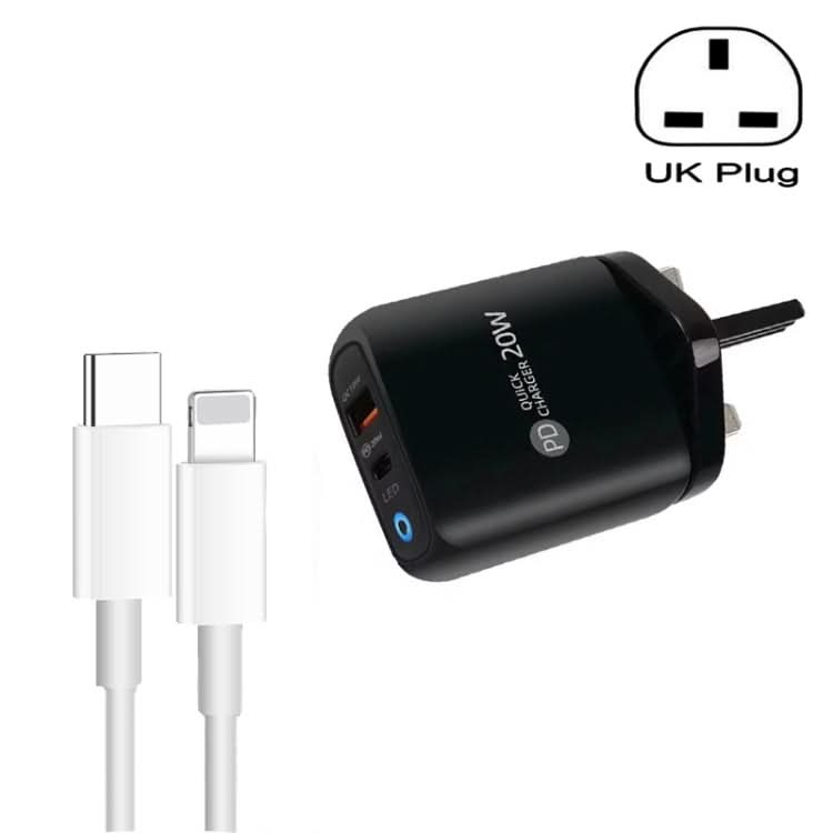 PD04 Type-C + USB Mobile Phone Charger with Type-C to 8 Pin Cable, UK Plug