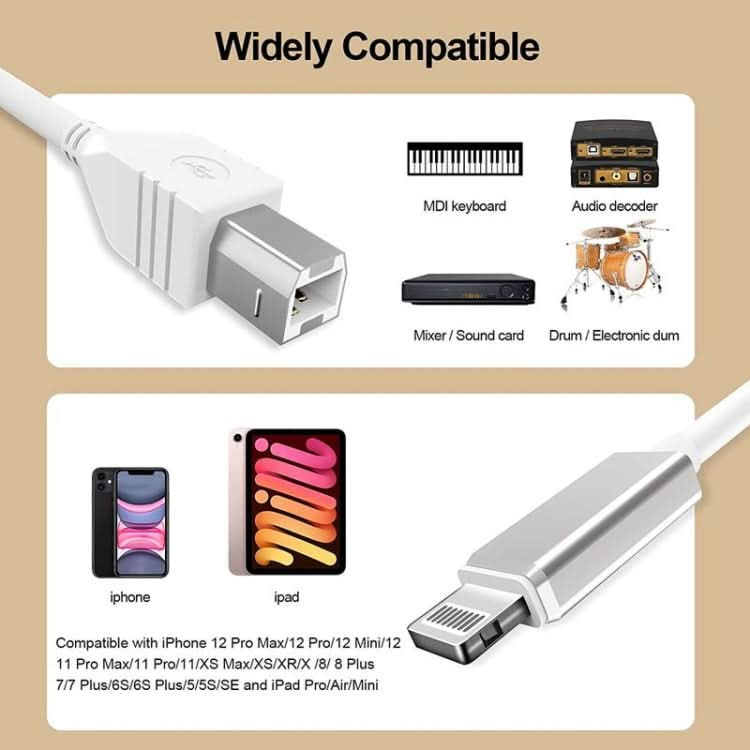 1m 8 Pin to USB-B MIDI Cable for iPad / iPhone