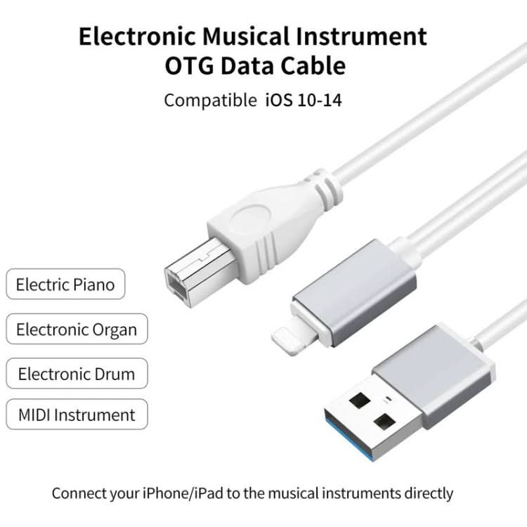 1m 8 Pin to USB + MIDI Electronic Music Instrument & OTG & Charging Multifunctional Cable Compatible with iOS 10-14