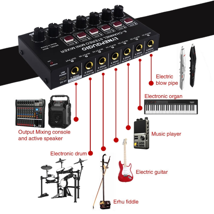 Mini 6-Channel Stereo Audio Mixer Musical Instrument Mixer Electric Wind Electric Guitar Electronic Piano Drums Mixer