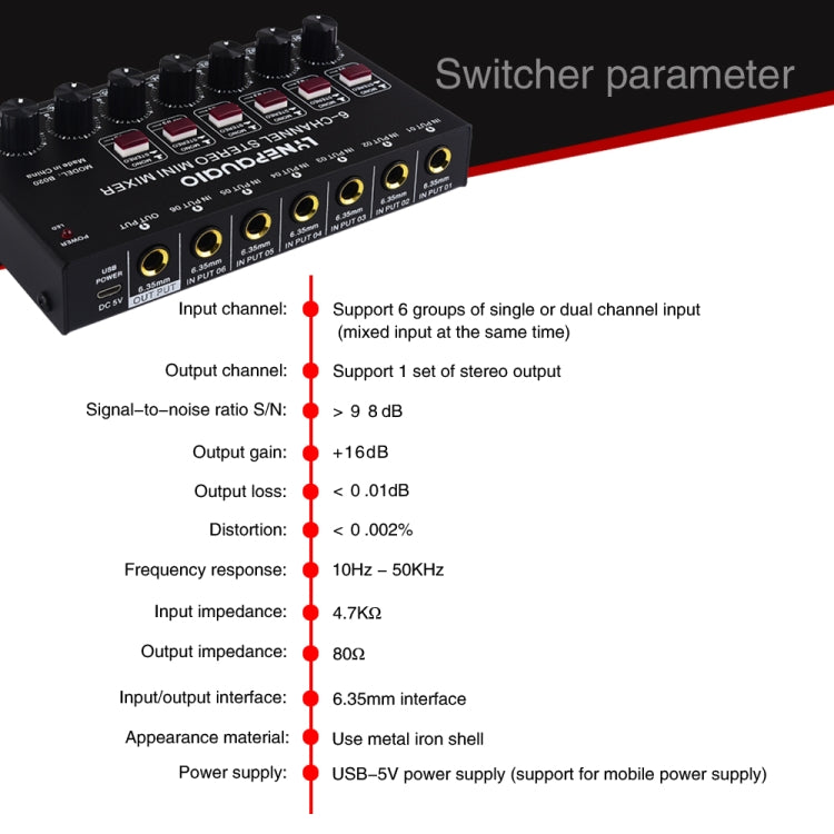 Mini 6-Channel Stereo Audio Mixer Musical Instrument Mixer Electric Wind Electric Guitar Electronic Piano Drums Mixer Reluova