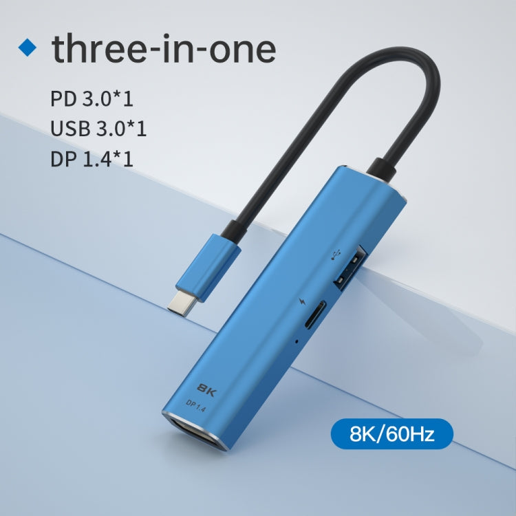 V264B 3 in 1 USB-C / Type-C to USB3.0 + PD3.0 + DP1.4 3-Ports Multi Splitter Adapter OTG HUB