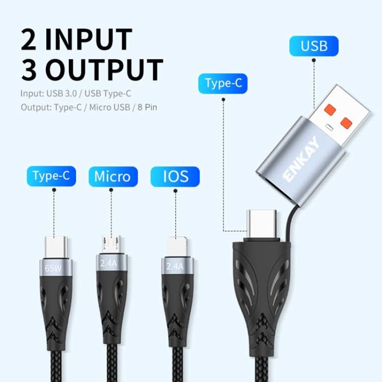 ENKAY ENK-CB135 5-in-1 65W USB-A & USB-C to 8 Pin / Type-C / Micro USB Multifunctional Charging Cable with Indicator Light