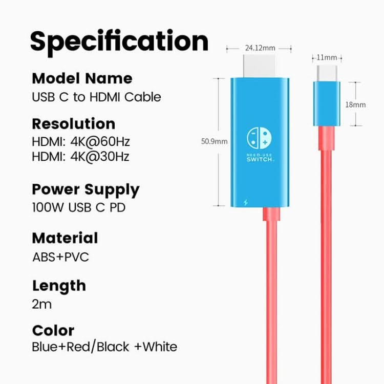 ENKAY ENK-CB136 6.6Ft. Type-C to HDMI Conversion Cable for Switch 4K HD Projection TV Reluova