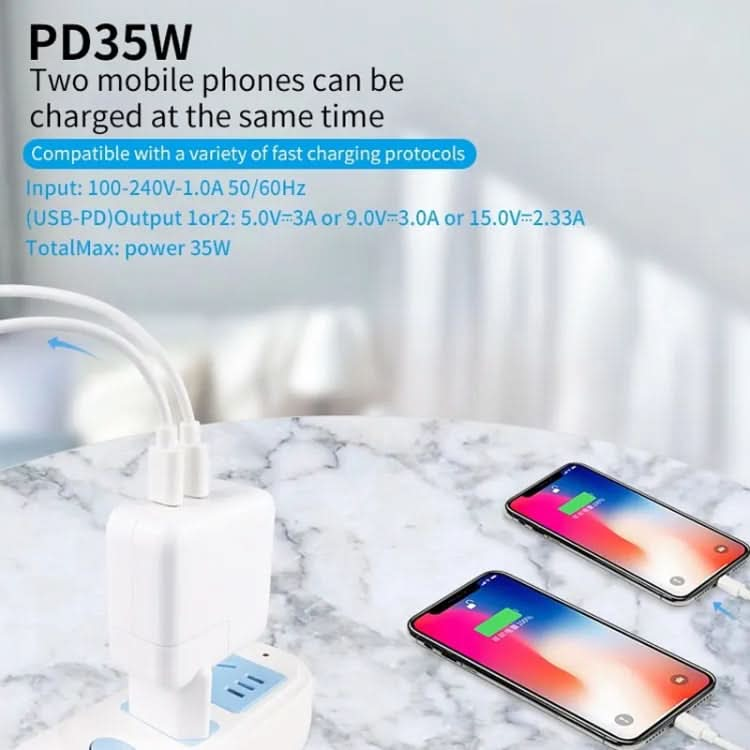 35W PD3.0 USB-C / Type-C Dual Port Charger with Type-C to 8 Pin Data Cable, US Plug