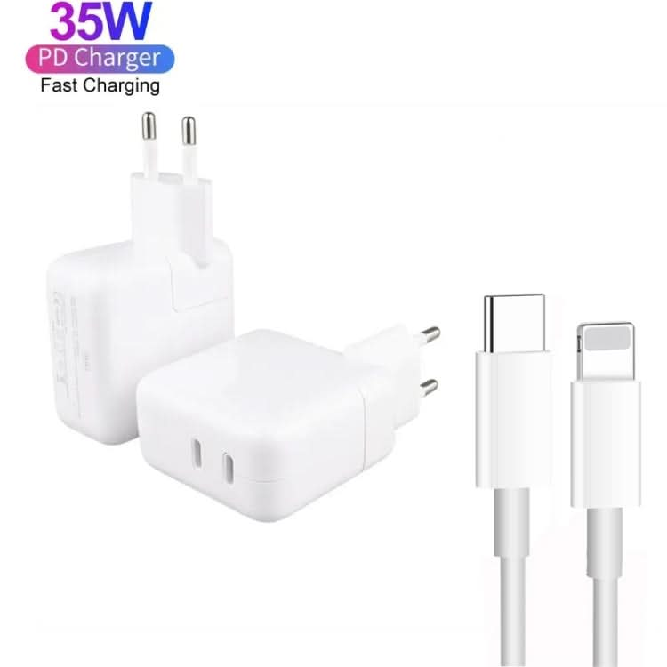 35W PD3.0 USB-C / Type-C Dual Port Charger with Type-C to 8 Pin Data Cable, EU Plug