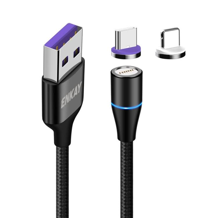 ENKAY 2 in 1 5A USB to Type-C + 8 Pin Magnetic Fast Charging Data Cable with LED Light, Length: 1m