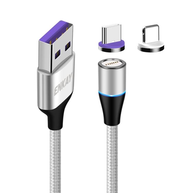 ENKAY 2 in 1 5A USB to Type-C + 8 Pin Magnetic Fast Charging Data Cable with LED Light, Length: 1m