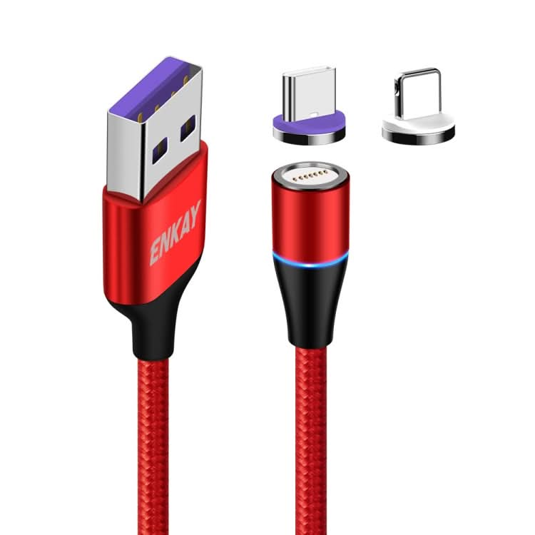 ENKAY 2 in 1 5A USB to Type-C + 8 Pin Magnetic Fast Charging Data Cable with LED Light, Length: 1m