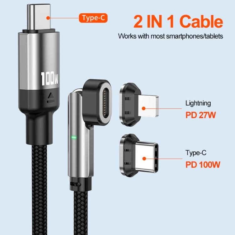 ENKAY 2 in 1 PD 100W / 27W 180 Degrees Rotation Magnetic Type-C / 8 Pin Fast Charging Data Cable with LED Light