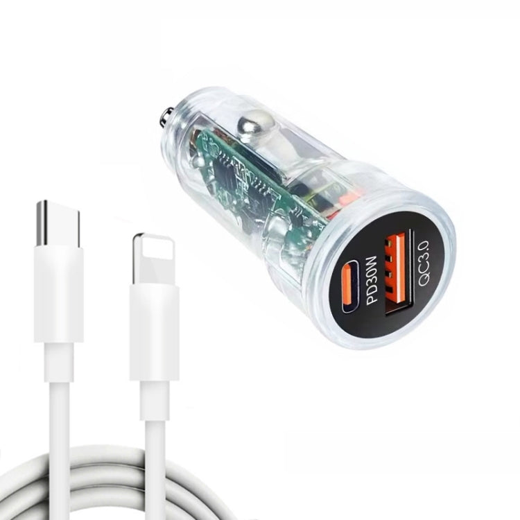 P35 48W PD30W + QC3.0 18W USB Transparent Car Charger with Type-C to 8 Pin Phone Data Cable