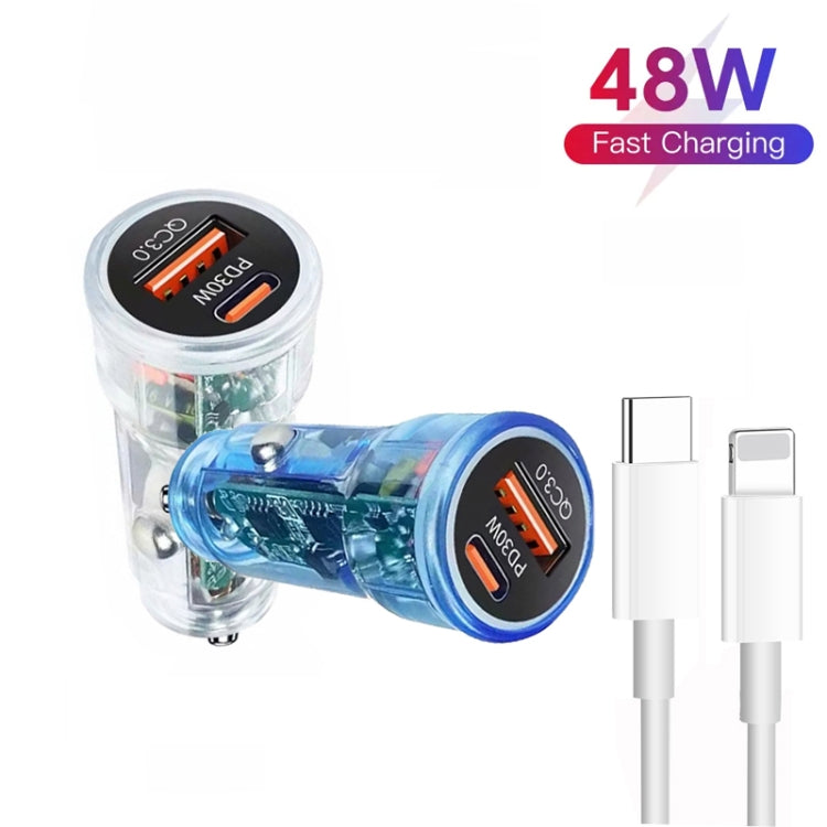 P35 48W PD30W + QC3.0 18W USB Transparent Car Charger with Type-C to 8 Pin Phone Data Cable