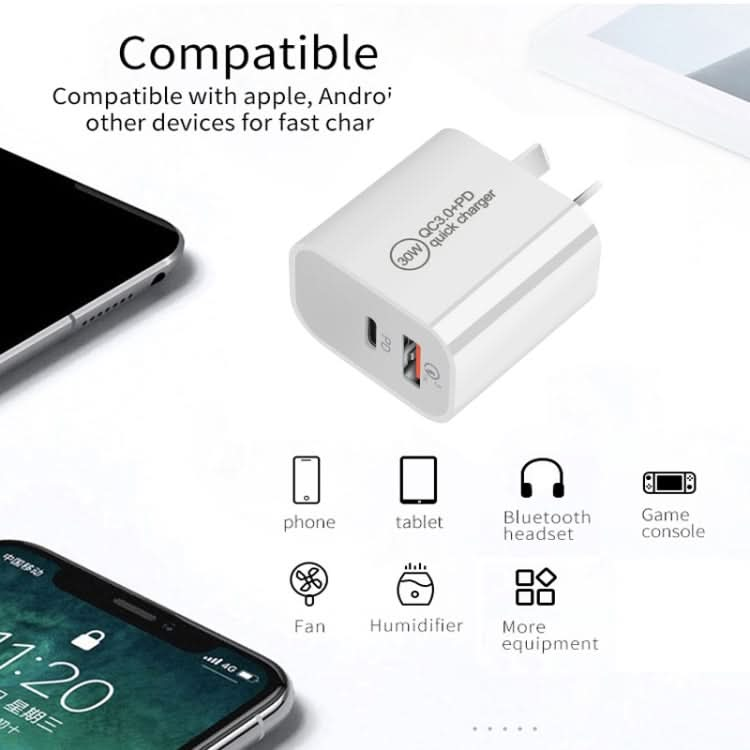 PD30W USB-C / Type-C + QC3.0 USB Dual Port Charger, AU Plug